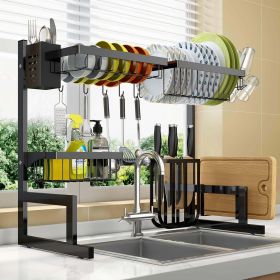 Over Sink Dish Drying Rack; Adjustable; 2 Tier Stainless Steel Dish Rack Drainer; Large Stainless Steel Dish Rack Over Sink with Hooks