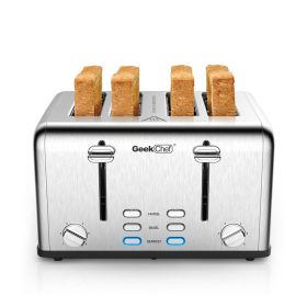 Toaster 4 Slice, Geek Chef Stainless Steel Extra-Wide Slot Toaster with Dual Control Panels of Bagel/Defrost/Cancel Function(Sliver-Black)