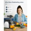 Slow Masticating Juicer Machines Easy to Clean; 95% Juice Yield Cold Press Juicer Extractor with Quiet Motor & Reverse Function; Brush & Recipe for Ve