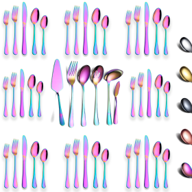 46 Pieces Gold Silverware Set Stainless Steel Titanium Gold Plating Flatware Set; Spoons Forks Cutlery Set Contains 6 Pieces Serving Set (Color: Rainbow, Material: Stainless Steel)