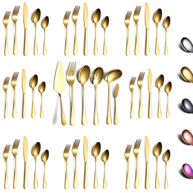 46 Pieces Gold Silverware Set Stainless Steel Titanium Gold Plating Flatware Set; Spoons Forks Cutlery Set Contains 6 Pieces Serving Set (Color: Gold, Material: Stainless Steel)