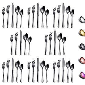 40 Piece Black Silverware Set Stainless Steel Titanium Black Plated Cutlery Set Spoon and Fork Cutlery Set Serving 8 Pieces (Color: Black, Material: Stainless Steel)