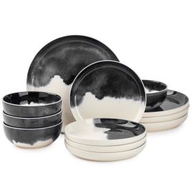 Dinnerware Grey Drip Stoneware; 12 Piece Set (Color: gray, Material: Stoneware)