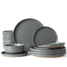 Plates and Bowls Set; 12 Pieces Dinnerware Sets; Dish Set for 4 (Color: Dark Gray, Material: Stoneware)