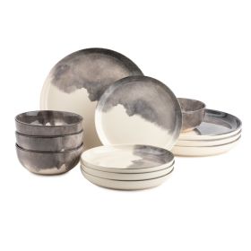 Dinnerware Grey Drip Stoneware; 12 Piece Set (Color: Light Gray, Material: Stoneware)