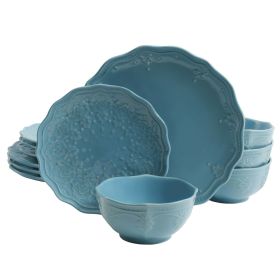 Lace 12-Piece Dinnerware Set (Color: Blue, Material: Stoneware, Linen)