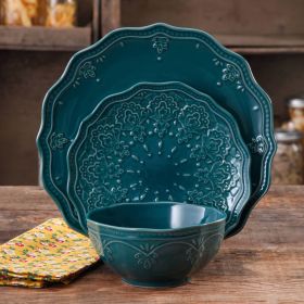 Lace 12-Piece Dinnerware Set (Color: Teal, Material: Stoneware)