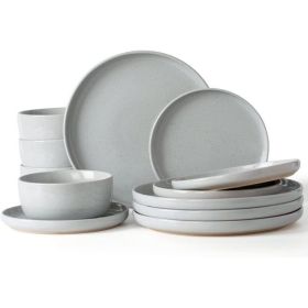 Plates and Bowls Set; 12 Pieces Dinnerware Sets; Dish Set for 4 (Color: Light Gray, Material: Stoneware)