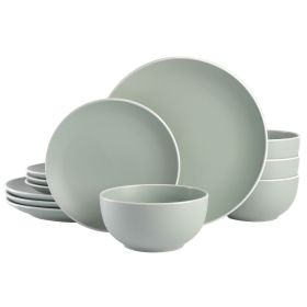 12-Piece Blue Stoneware Dinnerware Set (Color: green, Material: Stoneware)