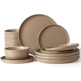 Plates and Bowls Set; 12 Pieces Dinnerware Sets; Dish Set for 4 (Color: Brown, Material: Stoneware)